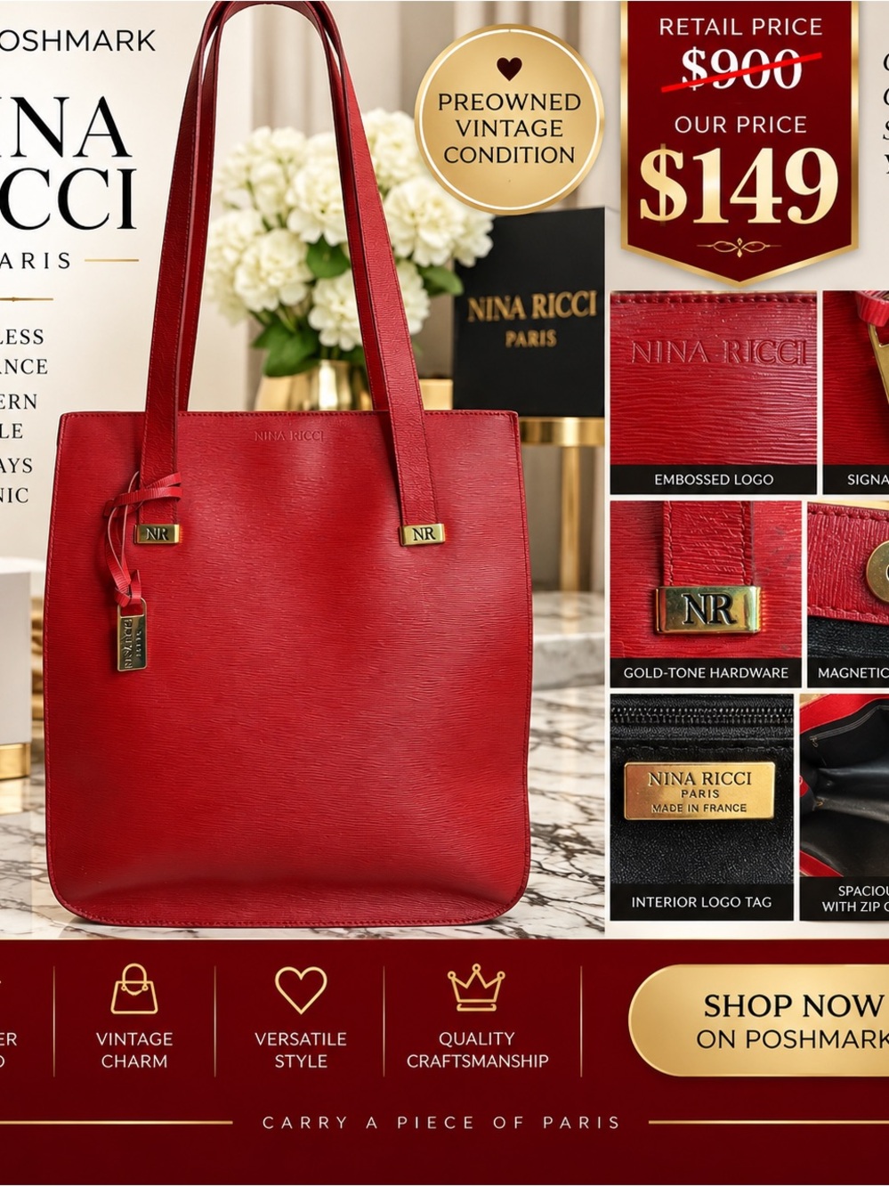 Nina Ricci Red Leather Tote with Gold-Tone Hardware
